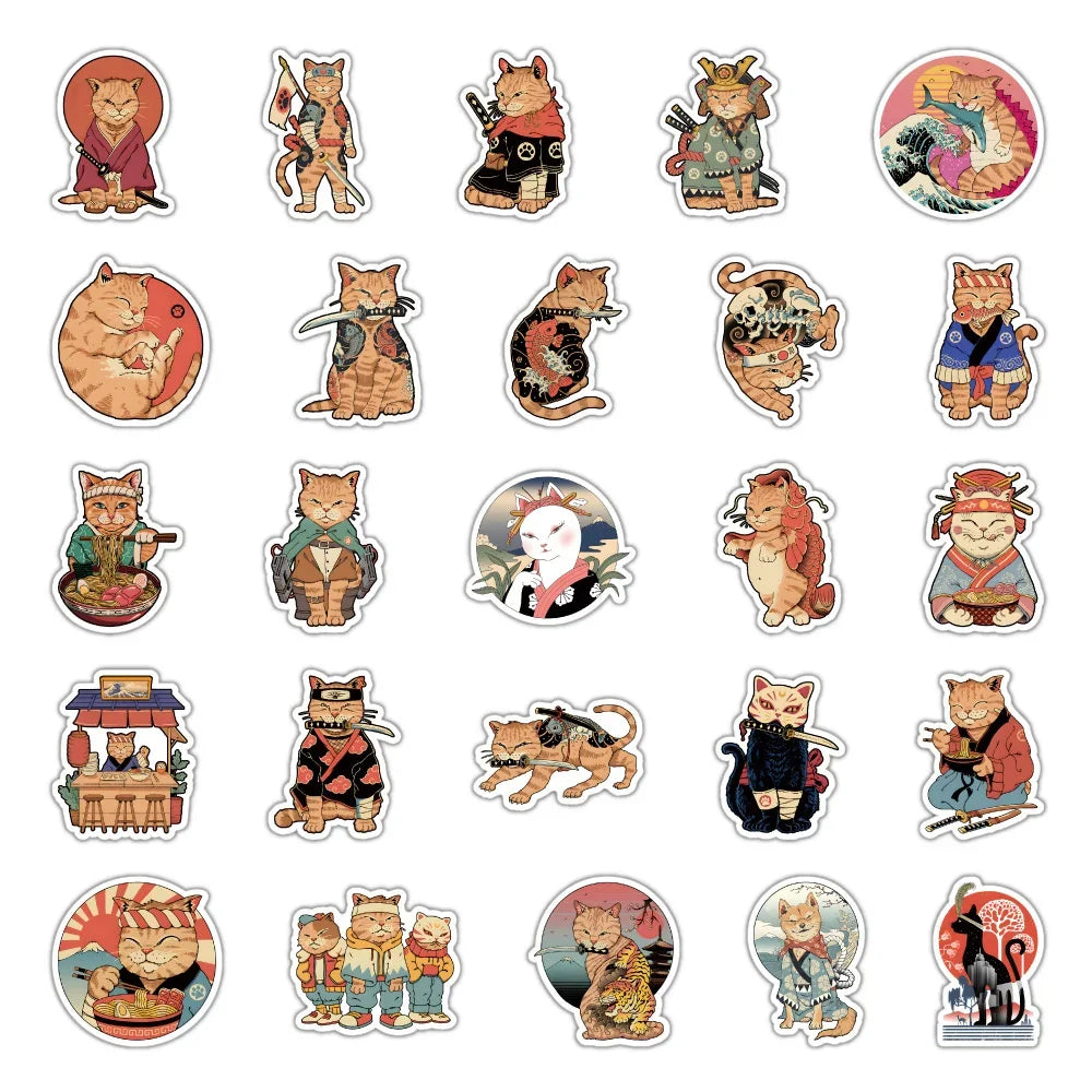 50 pieces of cartoon, anime, samurai cat graffiti stickers, personalized, fashionable and creative DIY decorative stickers, guitar, computer, skateboard, helmet, popular decal toys