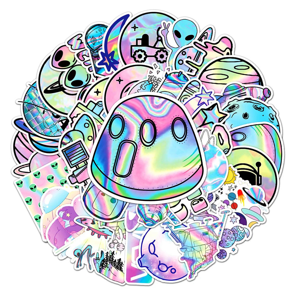 50PCS Laser Cartoon Planet Outer Space Sticker Luggage Computer IPad Skateboard Motorcycle Waterproof Sticker
