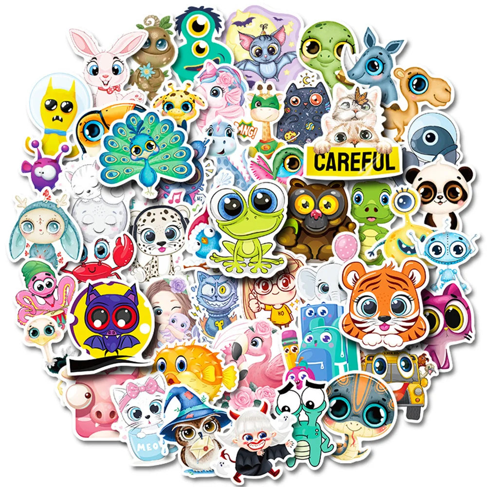 50PCS Cute Cartoon Big Eyes Stickers Cute Animal Head Stickers Cartoon Children Stationery Stickers