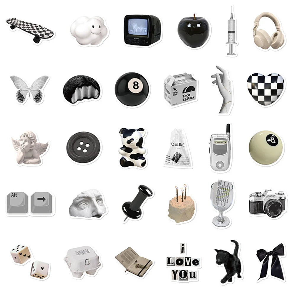 61PCS Cartoon Black and White Minimalist Style Graffiti Stickers Personalized DIY Creative Trend Decorative Decals Toys Skateboard Helmets Popular Fine Stickers