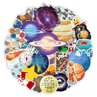65PCS Space Planet Outer Space Cartoon Doodle Stickers Personalized Creative Trend Decorative Stickers Luggage Laptop Skateboards Cell Phone Shells Fashion Popular Decals Gift Toys