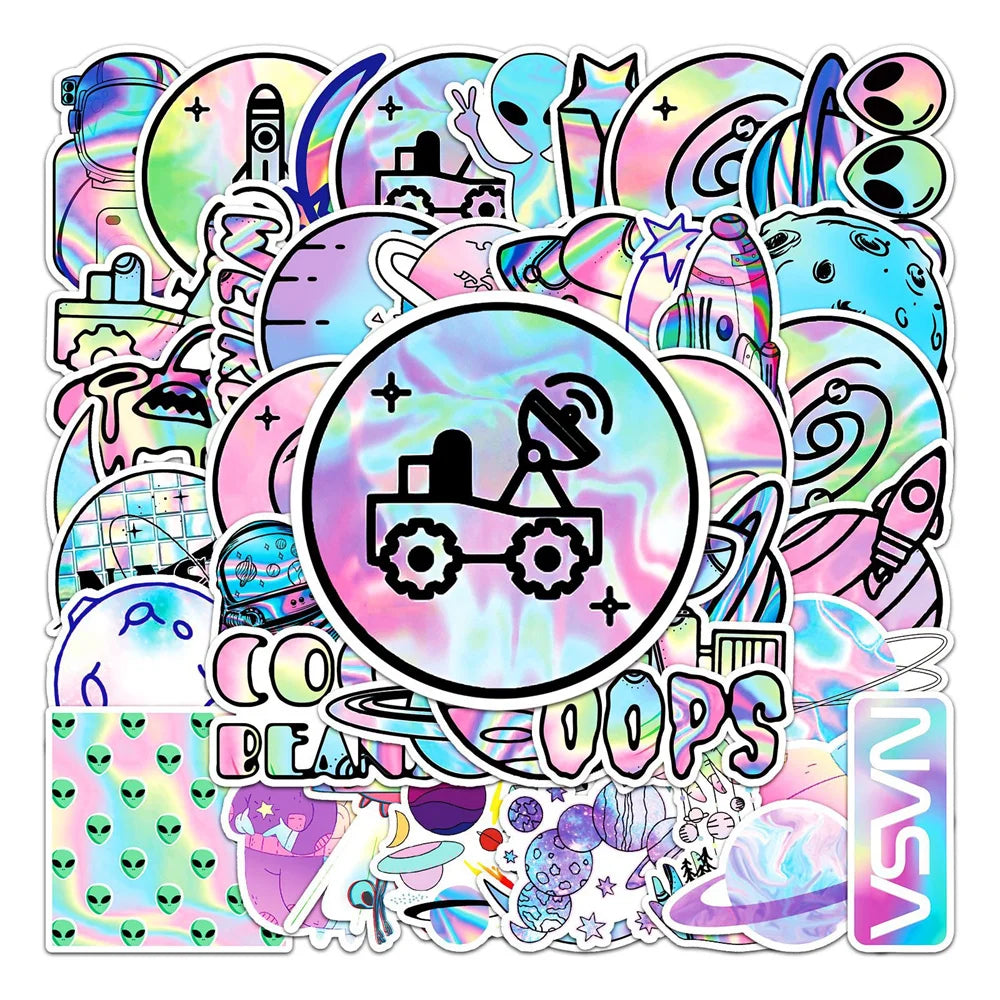50PCS Cartoon Laser Outer Space Planet Doodle Stickers Exquisite and Stylish DIY Journal Decorative Decals Suitable for Water Bottles, Suitcases, Notebooks, Skateboards, Helmets, and Stationery Cases