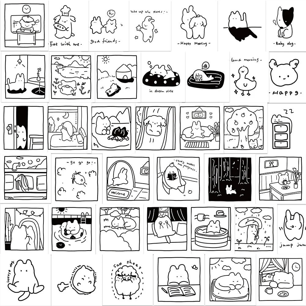 40PCS Cartoon Black And White Sketch Doodle Stickers Personality Fashion Creative DIY Fine Decorative Stickers Skateboard Refrigerator Water Cup Helmet Guitar Popular Decals Toys