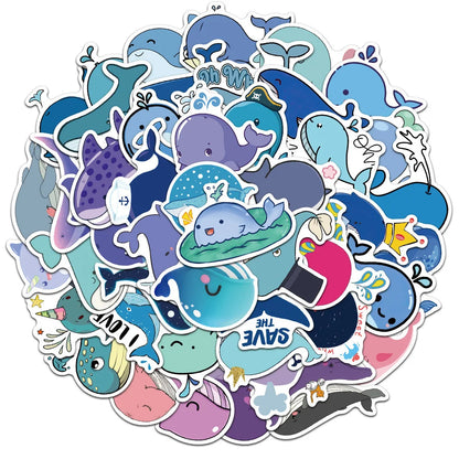 50PCS of cute cartoon whale and Marine animal graffiti stickers, personalized and fashionable DIY creative and exquisite decorative stickers, refrigerator, skateboard, water cup, helmet, guitar, popular sticker toys