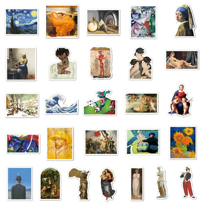 50 pieces of oil painting art Van Gogh Mona Lisa cartoon graffiti stickers, suitable for carry-on luggage, handbags, handbooks, phone cases, notebooks, decorative stickers and toys