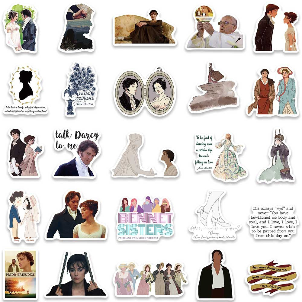 50PCS Pride and Prejudice Doodle Stickers for Film & TV Merchandise Exquisite Creative DIY Journal Decor Decals Suitable for Desks, Chairs, Skateboards, Water Bottles, Helmets, Guitars, and Stationery Cases