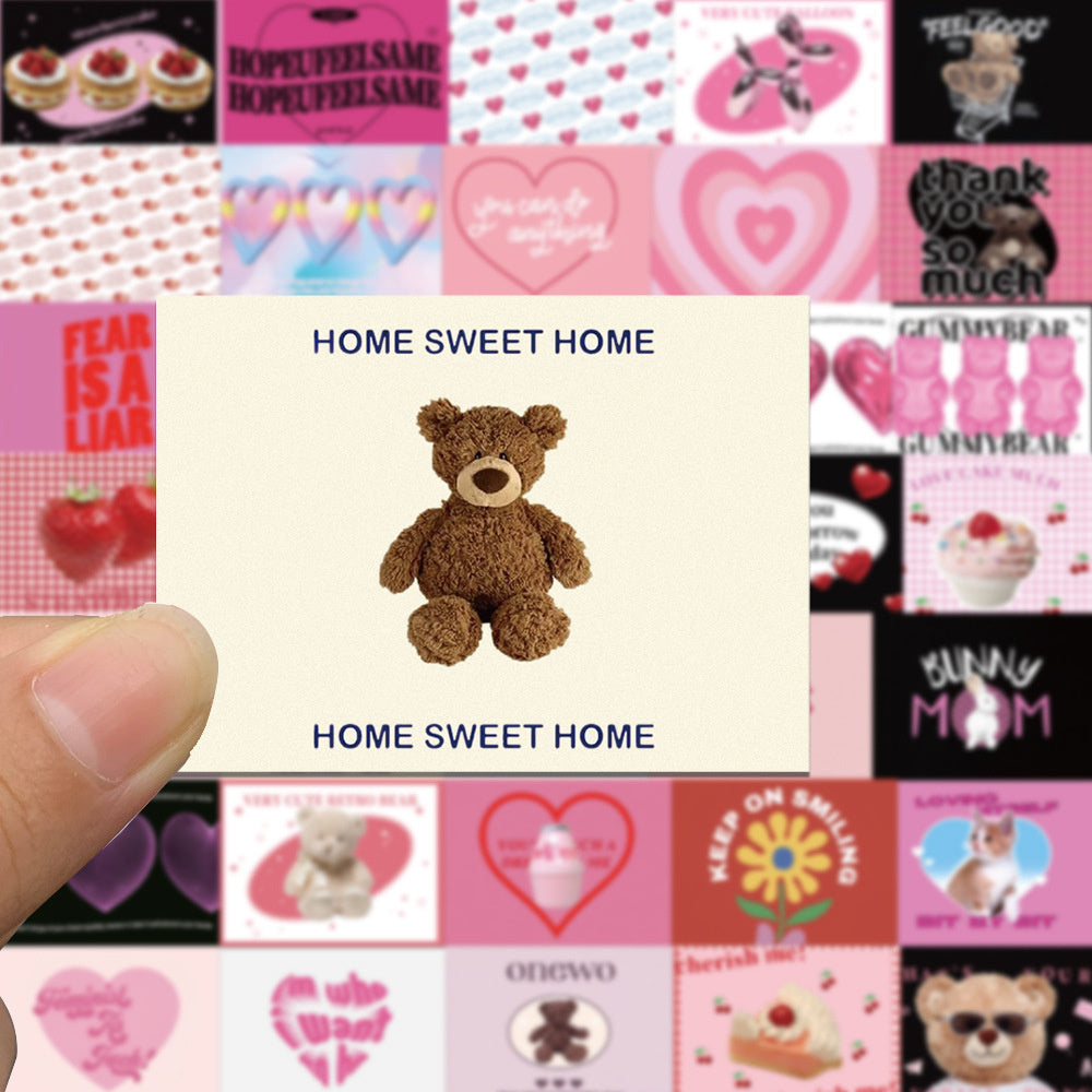 50PCS Pink Vintage Heart Bear Stickers, Cute Cartoon Teddy & Fluffy Friend Doodles for 90s Kid Vibes and Journals