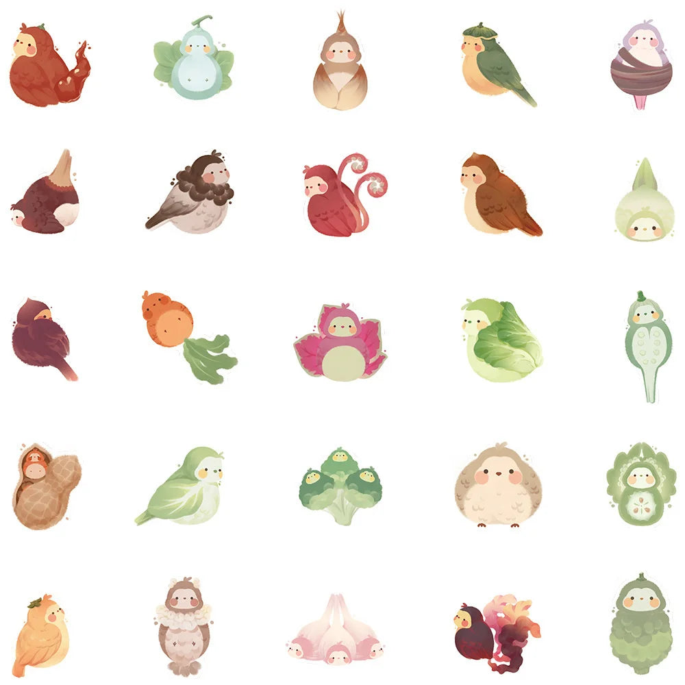 40PCS Cartoon Cute Vegetables Bird Doodle Stickers Personalized Creative Decorative Stickers Luggage Laptop Guitar Helmet Skateboard Fashion Popular Toys Gift Decals