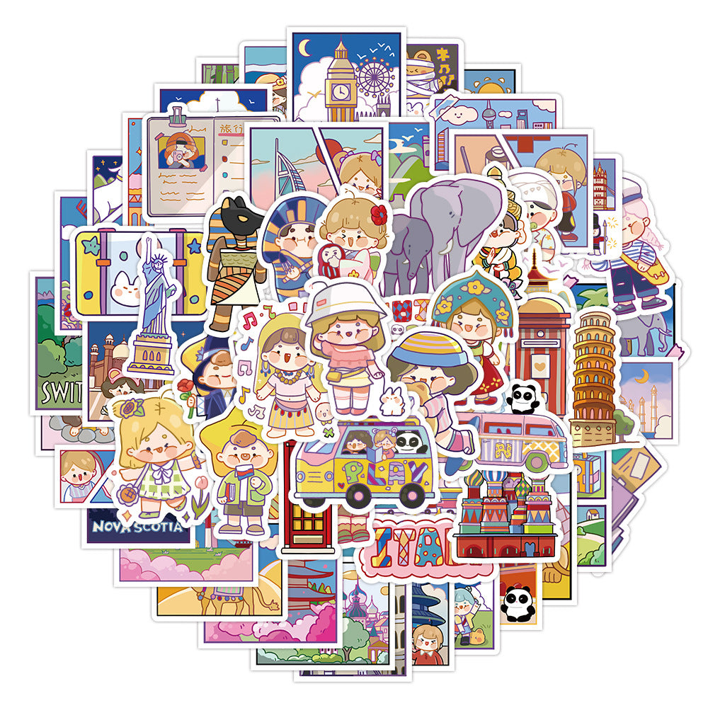 50PCS Adorable Travel Journal Cartoon Doodle Stickers Exquisite Creative DIY Decorative Sticker Decals Suitable for Refrigerators, Guitars, Helmets, Laptops, and Stationery Boxes