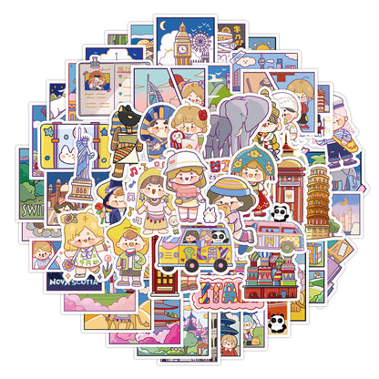 50PCS Adorable Travel Journal Cartoon Doodle Stickers Exquisite Creative DIY Decorative Sticker Decals Suitable for Refrigerators, Guitars, Helmets, Laptops, and Stationery Boxes