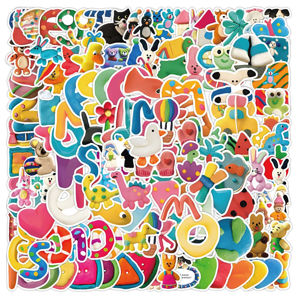 100PCS Cute Cartoon Playdough Doodle Stickers Personalised Fashion Creative DIY Beautifully Decorative Decals Toys Laptop IPad Skateboards Mugs Helmets Popular Stickers Gifts