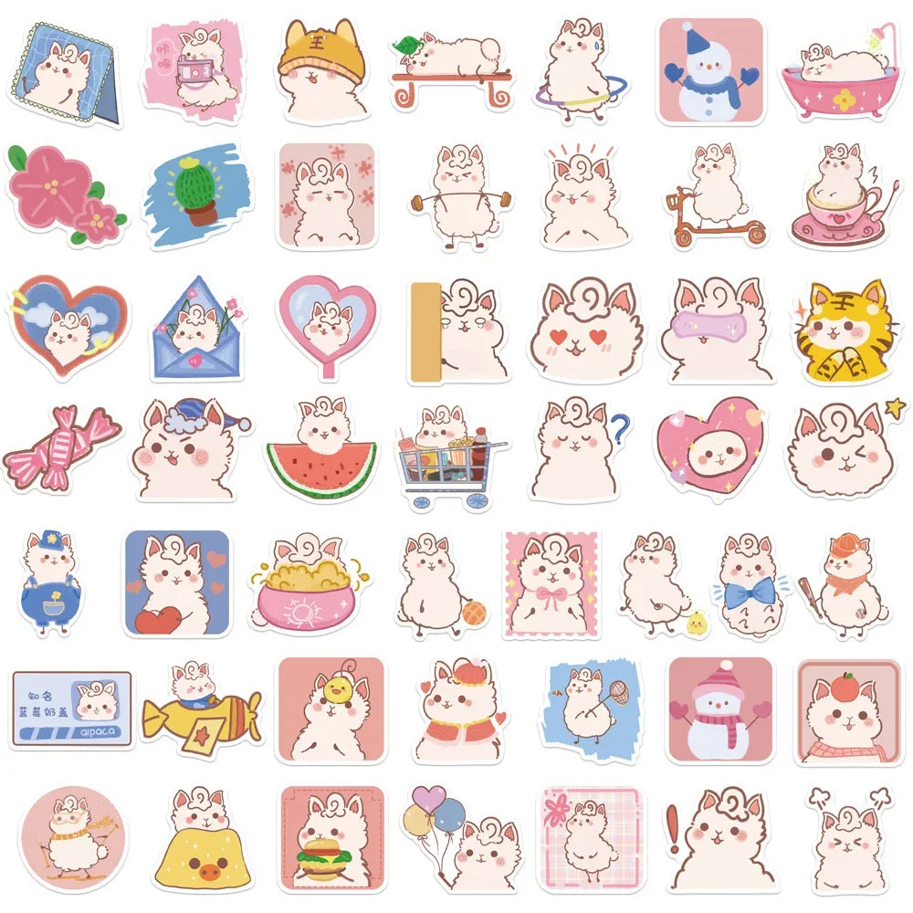 50pcs Hand-painted Cartoon Alpaca Personalized Trendy Water Cup Decoration Sticker, Computer Phone Case Bicycle