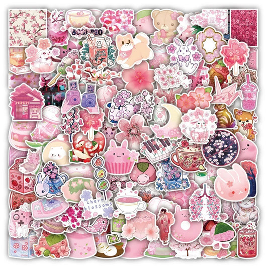 50PCS New Pink Cherry Blossom Cartoon Graffiti Waterproof Sticker Toy Decoration DIY Notebook Gift Suitcase iPad