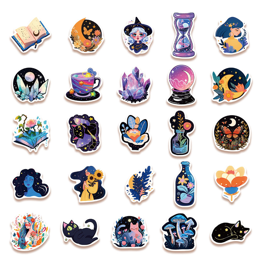 50PCS Cartoon Glow-in-the-Dark Magic Doodle Stickers Exquisite Creative DIY Journal Decorative Decals Suitable for Desks, Luggage, Chairs, Skateboards, Water Bottles, Helmets, and Stationery Cases
