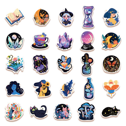 50PCS Cartoon Glow-in-the-Dark Magic Doodle Stickers Exquisite Creative DIY Journal Decorative Decals Suitable for Desks, Luggage, Chairs, Skateboards, Water Bottles, Helmets, and Stationery Cases