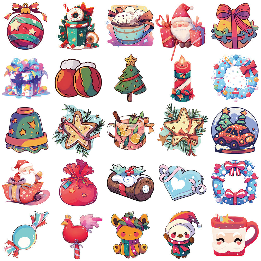 50PCS Christmas Gift Doodle Stickers, Cute Cartoon Holiday Vinyl Decals for Xmas Gifts, Cards, and Festive Decor