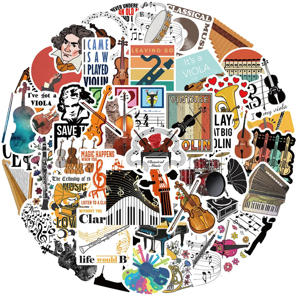 52 pieces of orchestral instrument graffiti stickers, personalized, fashionable, creative, fresh and exquisite decorative, creative decal helmet, skateboard, water cup, guitar, popular sticker toys