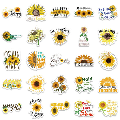 50PCS Cartoon Sunflower Motivational Quotes Doodle Stickers Exquisite Creative Decorative Decals Perfect for Water Bottles, Guitars, Skateboards, Pencil Cases, and Notebooks