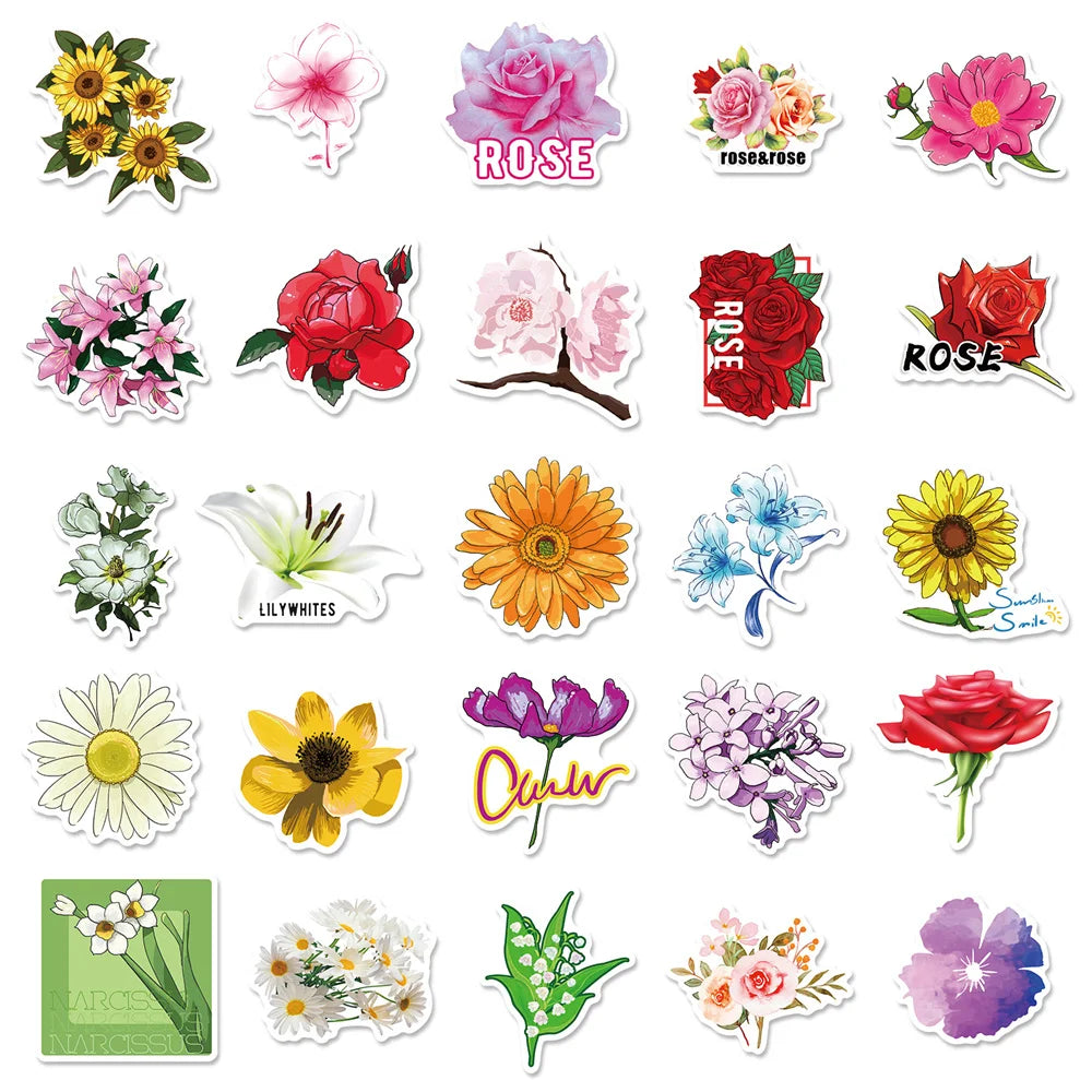 50PCS Flower series plant flower stickers, toys, luggage, laptops, ipads, skateboards, guitars, cups, mobile phone decorative sticker toys