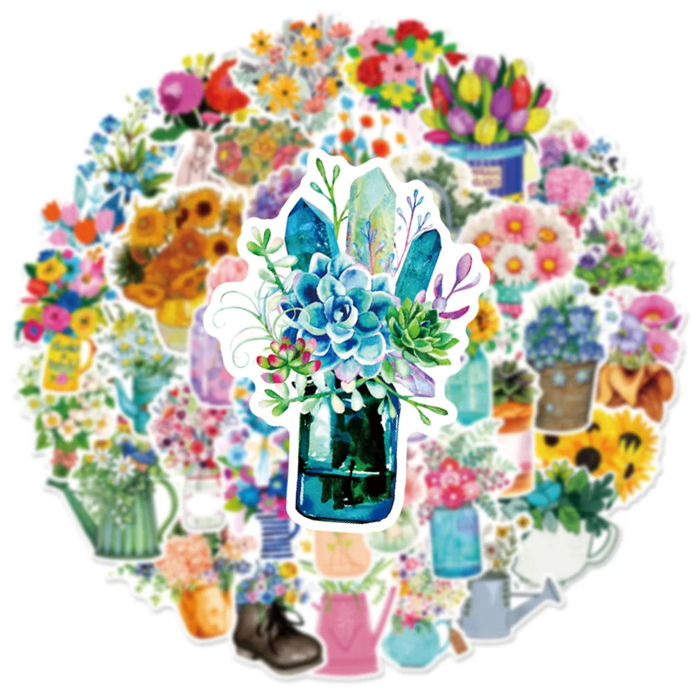 50PCS Literary Fresh Plants Flowers Graffiti Waterproof Stickers Cartoon Creative Decorative Decals Refrigerator