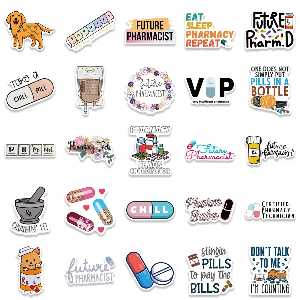 50PCS Cartoon Pharmacist Sticker Personalized Decoration Luggage Compartment Notebook Guitar Water Cup Waterproof