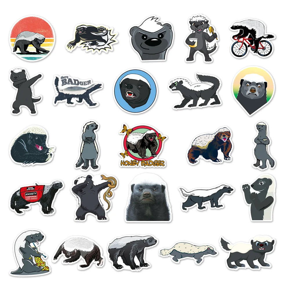 50PCS Cartoon Honey Badger Animal Doodle Stickers Exquisite, Fashionable, Creative DIY Journal Stickers Suitable for Luggage, Laptops, Guitars, Skateboards, Helmets, and Stationery Boxes