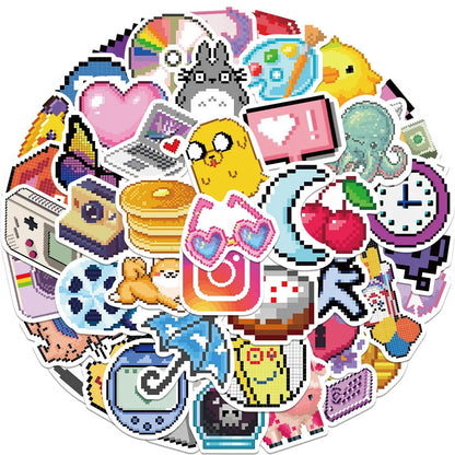 64PCS Mosaic pixel-style cartoon graffiti stickers, personalized fashion and creative trend DIY exquisite decorative stickers, refrigerator, skateboard, water cup, helmet, guitar, popular sticker toys