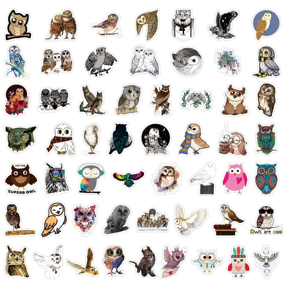 50PCS Cartoon Cute Owl Sticker Waterproof Notebook Scooter Trunk Guitar Refrigerator Water Cup Helmet Personality