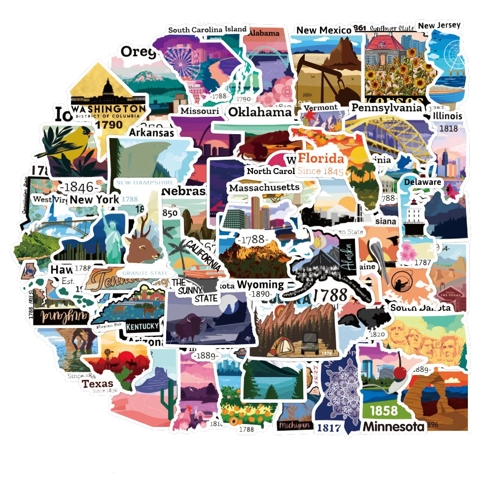 50PCS US State Map Sign Cartoon Graffiti Sticker Cup Laptop Luggage Children Toys Waterproof Exquisite Stickers