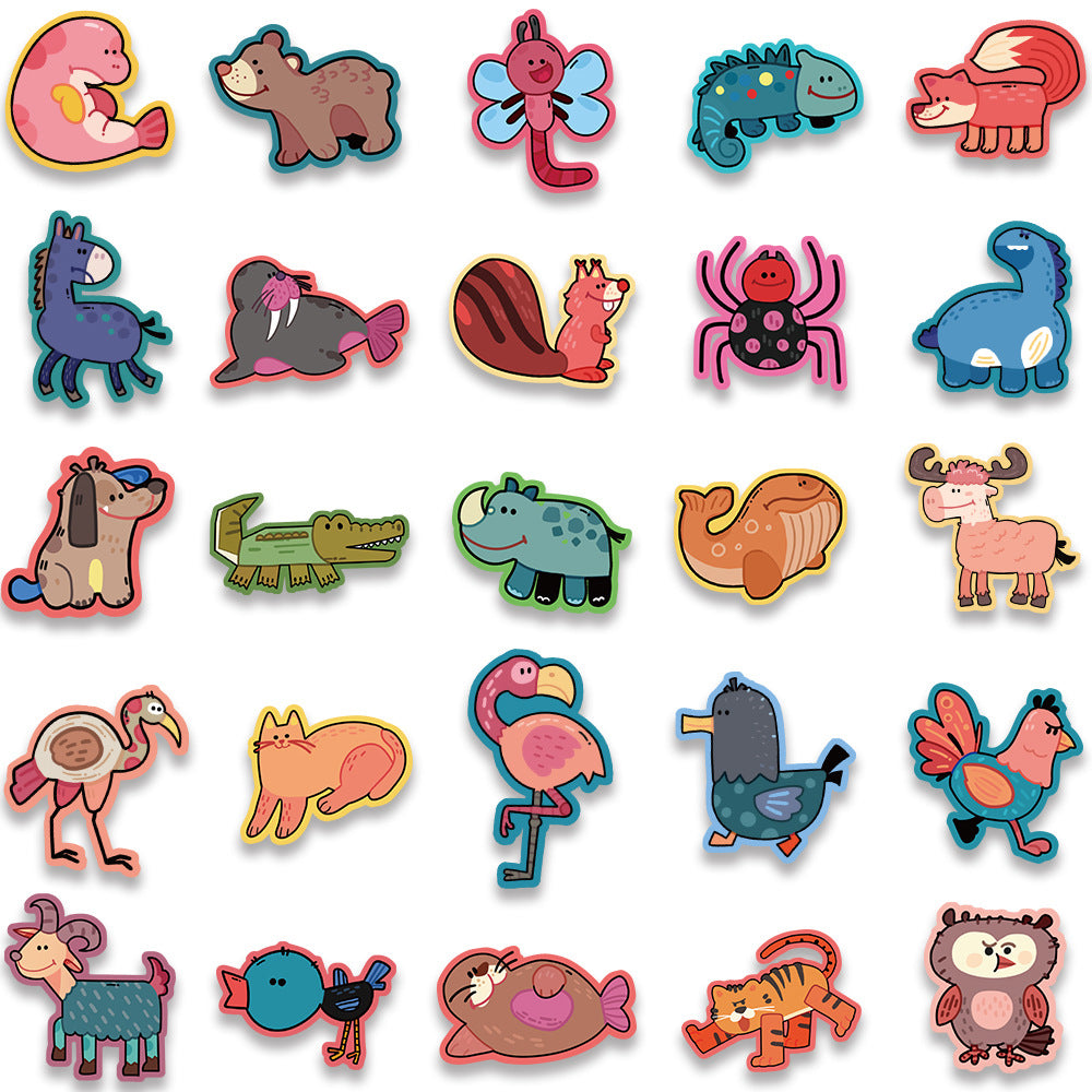 50PCS Cartoon Cute Animal Doodle Stickers Exquisite, Fashionable, Creative DIY Journal Decorations Suitable for Skateboards, Guitars, Laptops, Helmets, and Stationery Boxes