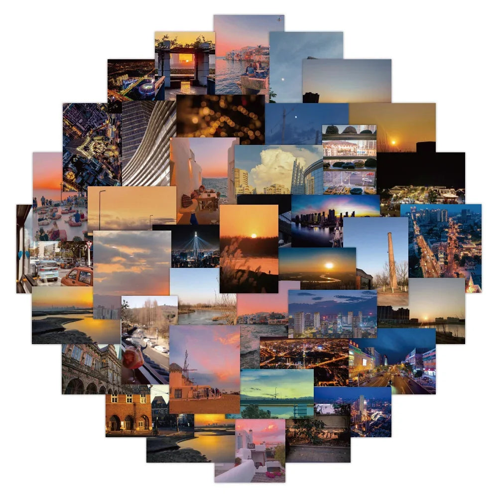 60PCS City Sunset Landscape Graffiti Stickers Personalized Fashion Creative DIY Trend Decorative Stickers Refrigerator Water Cup Guitar Helmet Skateboard Popular Decals Toys