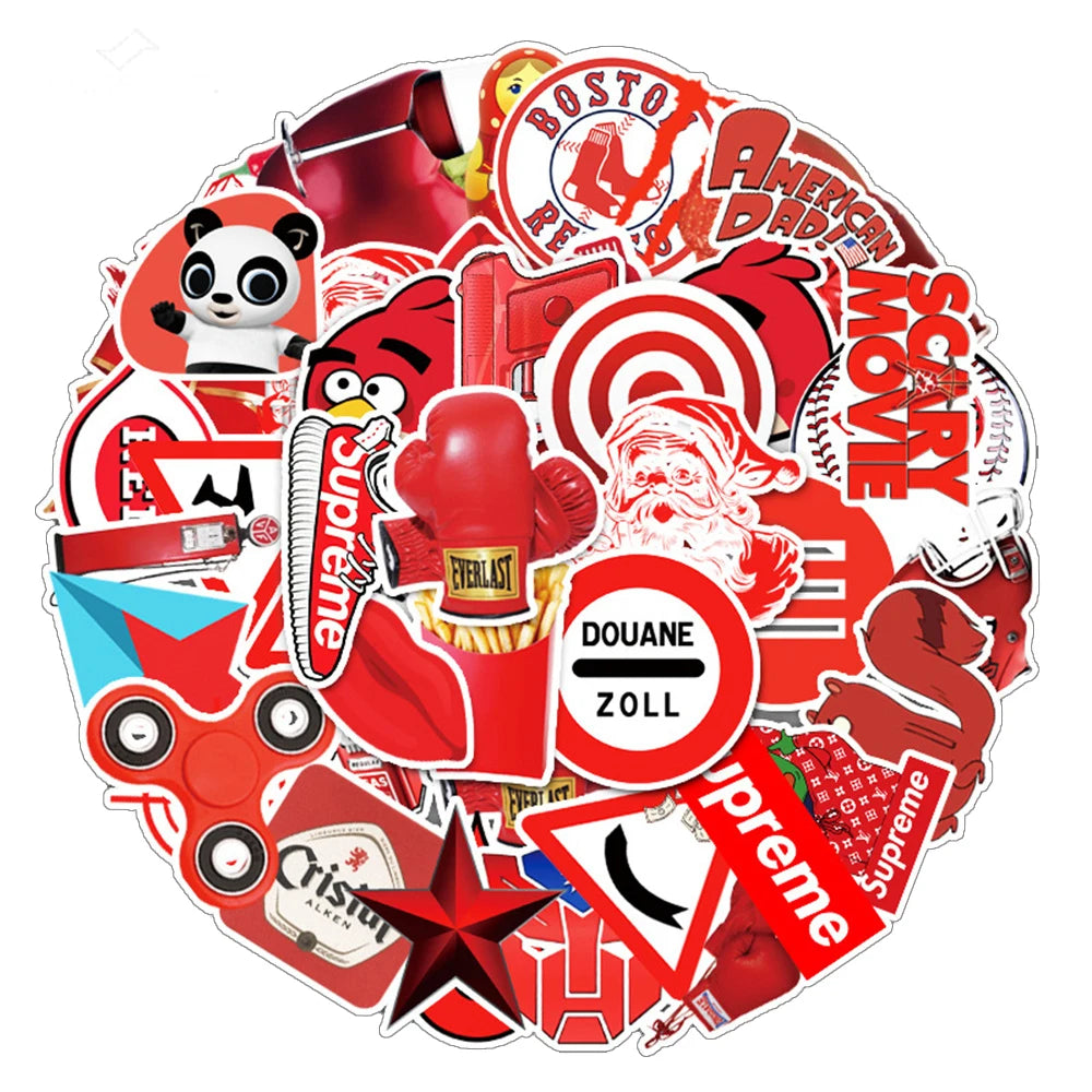 50PCS of red series cartoon graffiti stickers, personalized, fashionable, creative, exquisite and trendy DIY decorative stickers for bags, motorcycles, laptops, cars and popular toys