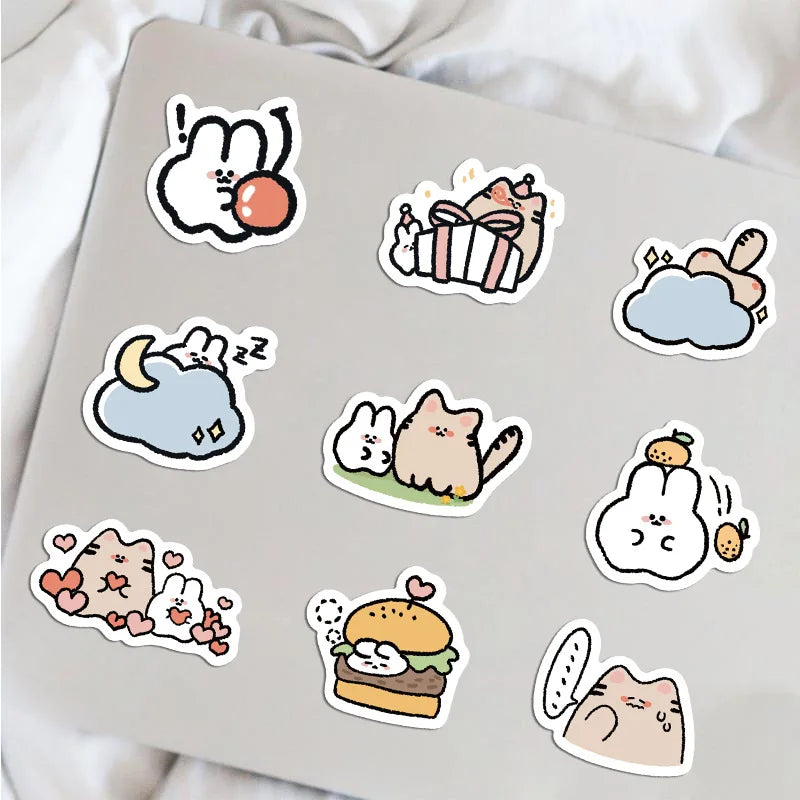60PCS of cute cartoon cat and rabbit graffiti stickers, personalized, fashionable and creative DIY exquisite decorative stickers, laptop, toy, skateboard, luggage, mobile phone, helmet and popular stickers