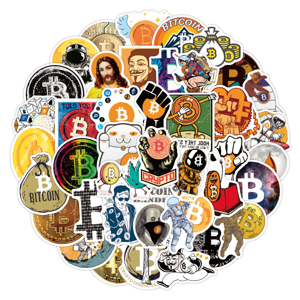 50PCS Cryptocurrency Cartoon Stickers - Digital Gold Rush Decals for Blockchain Literacy Journals, Satoshi's Vision Maps & DeFi Aesthetic Projects