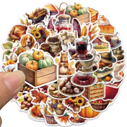 50PCS Thanksgiving Feast Stickers, Bountiful Harvest Food Cartoon Doodles for Holiday Tables and Family Celebrations