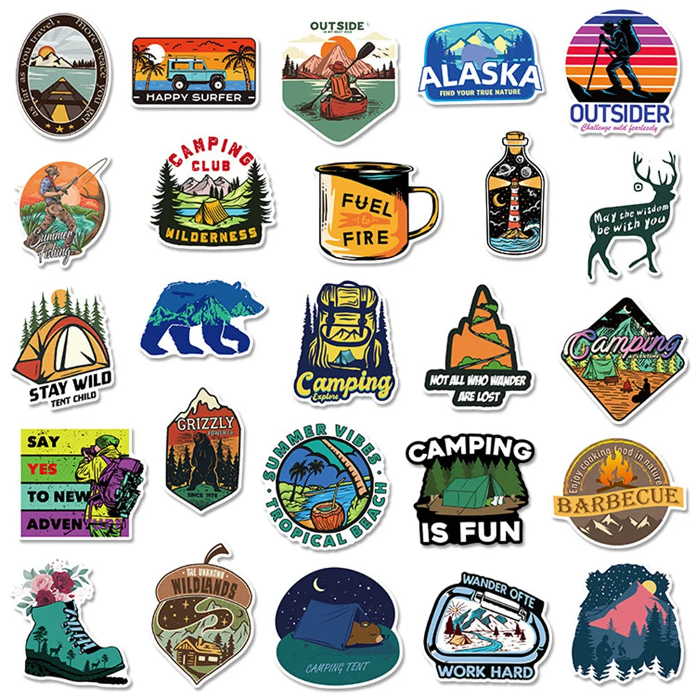 50PCS Outdoor Adventure Stickers Camping Wilderness Natural Graffiti Refrigerator Water Cup Waterproof Skateboard