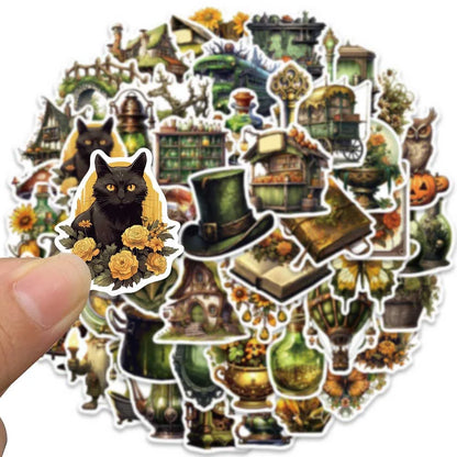 50PCS Jungle Magic Doodle Stickers, Vintage Cartoon Flora & Mystical Creature Decals for Adventurous Planners