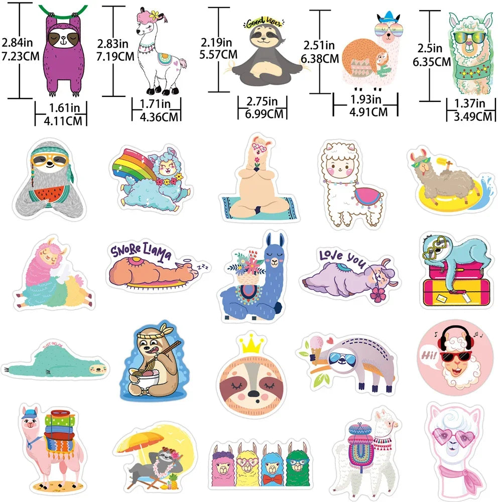 50PCS Adorable Cartoon Alpaca and Sloth Doodle Stickers for Suitcases, Laptops, DIY Fridge and Phone Cases, Diary Decorations