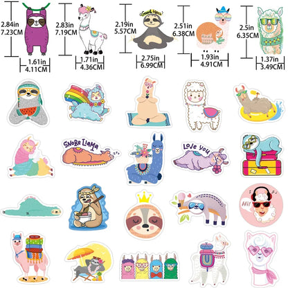 50PCS Adorable Cartoon Alpaca and Sloth Doodle Stickers for Suitcases, Laptops, DIY Fridge and Phone Cases, Diary Decorations
