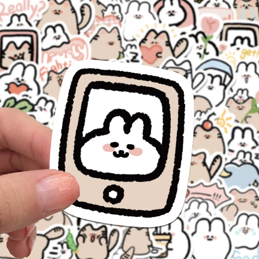 60PCS of cute cartoon cat and rabbit graffiti stickers, personalized, fashionable and creative DIY exquisite decorative stickers, laptop, toy, skateboard, luggage, mobile phone, helmet and popular stickers