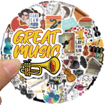 52PCS Cartoon Music Instruments Orchestra Doodle Stickers Personalized Fashion Creative DIY Exquisite Decorative Decals Toys For Luggage Laptop IPad Skateboard Popular Stickers