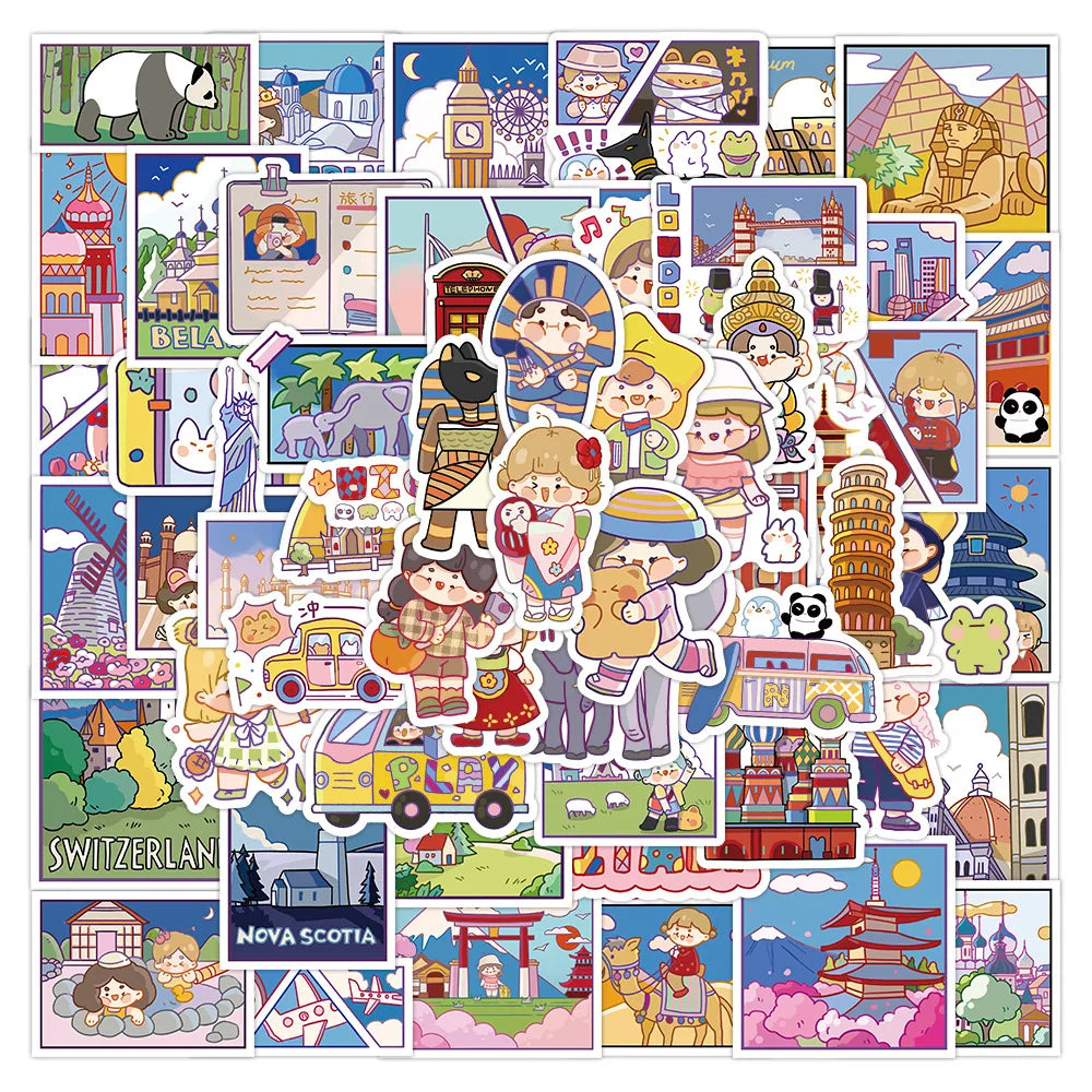 50PCS Adorable Travel Journal Cartoon Doodle Stickers Exquisite Creative DIY Decorative Sticker Decals Suitable for Refrigerators, Guitars, Helmets, Laptops, and Stationery Boxes