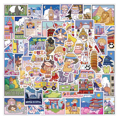 50PCS Adorable Travel Journal Cartoon Doodle Stickers Exquisite Creative DIY Decorative Sticker Decals Suitable for Refrigerators, Guitars, Helmets, Laptops, and Stationery Boxes