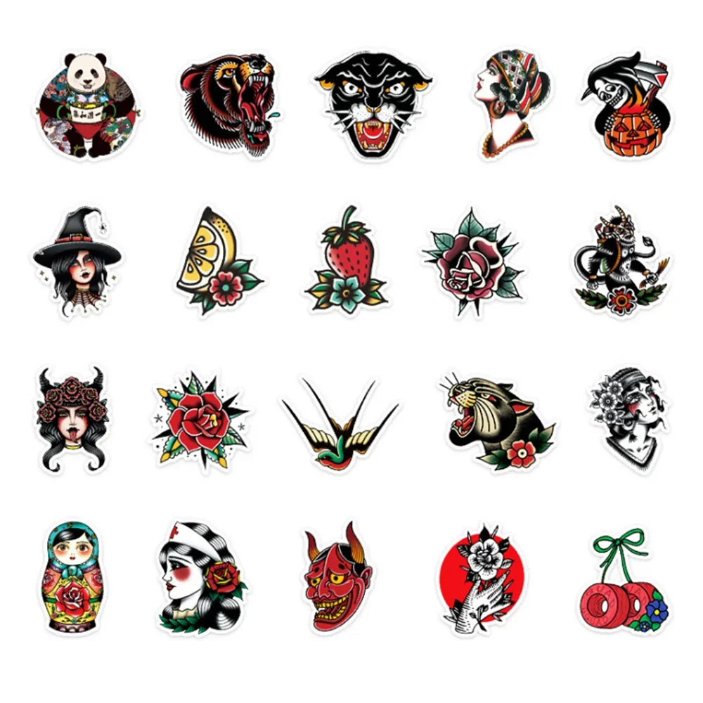 50 pieces of tattoo rose skull pattern graffiti stickers, suitable for planners, notebooks, luggage decoration, waterproof stickers and toys