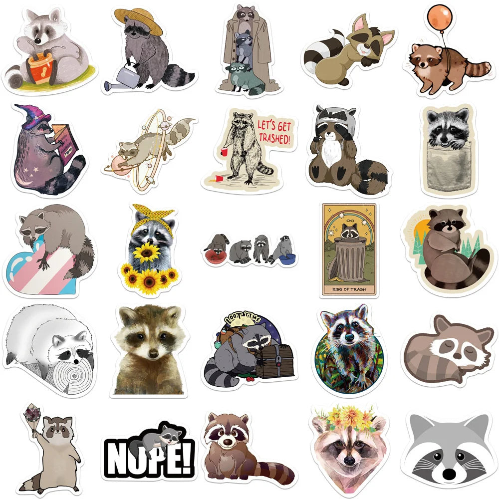 50PCS Cartoon Animal Raccoon Cute Sticker Decoration Suitcase Laptop IPad Journal Guitar Cup Waterproof Sticker