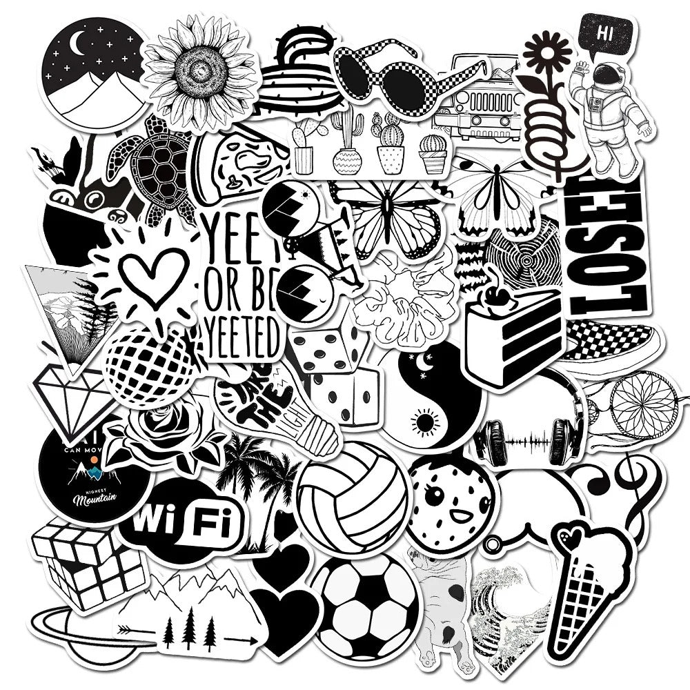 50PCS Cartoon Black & White Minimalist Series Doodle Stickers Exquisite, Fashionable, Creative DIY Journal Decorations Suitable for Water Bottles, Helmets, Skateboards, Refrigerators, Stationery Boxes