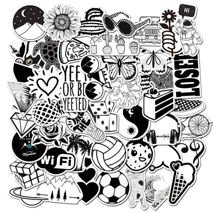 50PCS Cartoon Black & White Minimalist Series Doodle Stickers Exquisite, Fashionable, Creative DIY Journal Decorations Suitable for Water Bottles, Helmets, Skateboards, Refrigerators, Stationery Boxes
