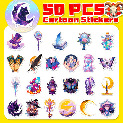 50PCS Cartoon Magic Element Doodle Stickers Exquisite, Fashionable, Creative DIY Decorative Stickers for Notebooks Suitable for Helmets, Laptops, Skateboards, Water Bottles, and Stationery Cases