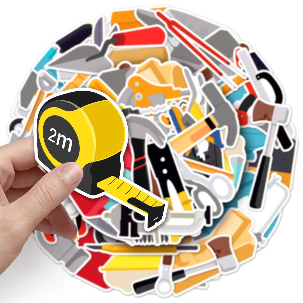 50PCS Cartoon Construction Tools Doodle Stickers Exquisite Creative DIY Journal Decorative Decals Suitable for Skateboards, Laptops, Guitars, Helmets, Water Bottles, and Stationery Cases