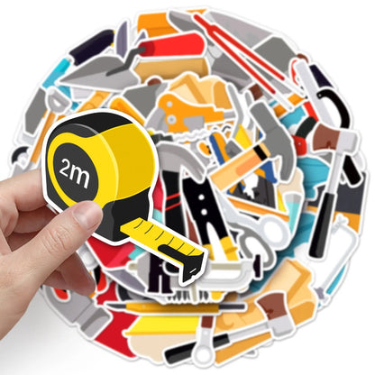 50PCS Cartoon Construction Tools Doodle Stickers Exquisite Creative DIY Journal Decorative Decals Suitable for Skateboards, Laptops, Guitars, Helmets, Water Bottles, and Stationery Cases